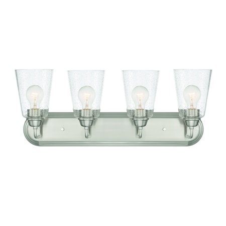 Designers Fountain Zane 26in 4-Light Brushed Nickel Industrial Indoor Vanity Light with Clear Seedy Glass Shades D241M-4B-BN